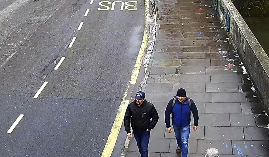 This still taken from CCTV and issued by the Metropolitan Police in London on Wednesday Sept. 5, 2018, shows Ruslan Boshirov and Alexander Petrov on Fisherton Road, Salisbury, England on March 4, 2018. British prosecutors have charged two Russian men, Alexander Petrov and Ruslan Boshirov, with the nerve agent poisoning of ex-spy Sergei Skripal and his daughter Yulia in the English city of Salisbury. They are charged in absentia with conspiracy to murder, attempted murder and use of the nerve agent Novichok. (Metropolitan Police via AP)