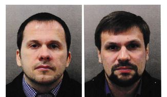 This combination photo made available by the Metropolitan Police on Wednesday Sept. 5, 2018, shows Alexander Petrov, left, and Ruslan Boshirov. British prosecutors have charged two Russian men, Alexander Petrov and Ruslan Boshirov, with the nerve agent poisoning of ex-spy Sergei Skripal and his daughter Yulia in the English city of Salisbury. They are charged in absentia with conspiracy to murder, attempted murder and use of the nerve agent Novichok. (Metropolitan Police via AP)