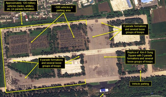 This Aug. 22, 2018, satellite image provided by Planet/38 North shows the Mirim Parade Training Ground with approximately 120 military vehicles in parade formation and groups of troops practicing on the roads and in a replica of Kim Il Sung Square. As nuclear talks with United States stall, North Korea is preparing to hold a big military parade on Sunday, Sept. 9, 2018, the 70th anniversary of the country’s founding. Satellite photos indicate troops have been practicing for weeks at a mockup of Pyongyang’s Kim Il Sung Square. (Planet/38 North via AP)