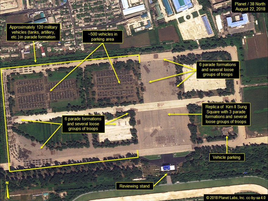 This Aug. 22, 2018, satellite image provided by Planet/38 North shows the Mirim Parade Training Ground with approximately 120 military vehicles in parade formation and groups of troops practicing on the roads and in a replica of Kim Il Sung Square. As nuclear talks with United States stall, North Korea is preparing to hold a big military parade on Sunday, Sept. 9, 2018, the 70th anniversary of the country’s founding. Satellite photos indicate troops have been practicing for weeks at a mockup of Pyongyang’s Kim Il Sung Square. (Planet/38 North via AP)