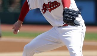 Cleveland Indians starting pitcher Corey Kluber delivers in the first inning of a baseball game against the Kansas City Royals, Wednesday, Sept. 5, 2018, in Cleveland. (AP Photo/Tony Dejak)