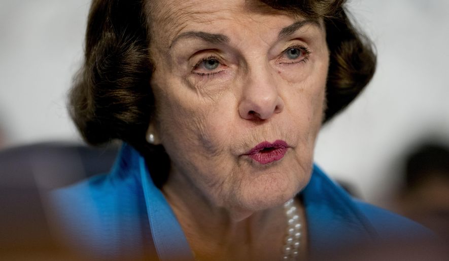 Sen. Dianne Feinstein, D-Calif., the ranking member on the Senate Judiciary Committee, questions President Donald Trump&#39;s Supreme Court nominee, Brett Kavanaugh, a federal appeals court judge, as he testifies before the Senate Judiciary Committee on Capitol Hill in Washington, Wednesday, Sept. 5, 2018, for the second day of his confirmation to replace retired Justice Anthony Kennedy. (AP Photo/Andrew Harnik)