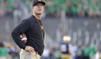 FILE - In this Sept. 1, 2018, file photo, Michigan coach Jim Harbaugh stands on the field before the team&#39;s NCAA football game against Notre Dame in South Bend, Ind. Western Michigan has Michigan’s attention. The Wolverines are coming off a disappointing loss at Notre Dame, and Western Michigan is riding some momentum after generating 452 yards and scoring 35 points in the second half against Syracuse. “We’re up and at it and on it, and we’re going to need to be,” Harbaugh said. “Watching the tape, they’re an extremely good football team. Whether they’re playing at home or on the road, they’re a very formidable team.” (AP Photo/Paul Sancya, File)