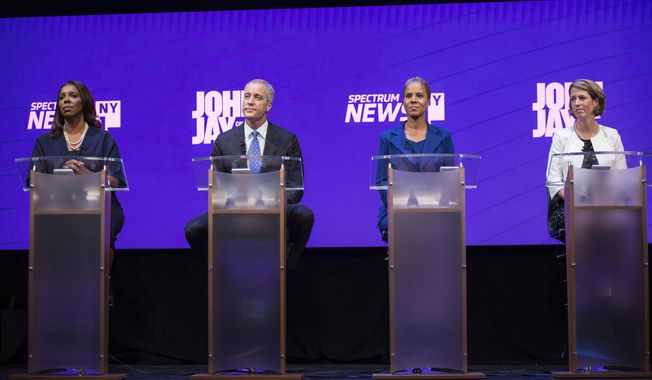 FILE- In this Aug. 28, 2018, file photo, Democratic Candidates for the office of New York Attorney General take part in a debate at John Jay College of Criminal Justice in the Manhattan borough of New York. From left are Letitia James, Sean Patrick Maloney, Leecia Eve, and Zephyr Teachout. The candidates squared off in what will likely be their final debate at The Cooper Union for the Advancement of Science and Art in New York,  Thursday, Sept. 6, 2018. (Holly Pickett/The New York Times via AP, Pool, File)