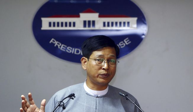 Myanmar&#x27;s government spokesman Zaw Htay talks to journalists during a press briefing at the Presidential Palace in Naypyitaw, Myanmar, Friday, Sept. 7, 2018. (AP Photo/Aung Shine Oo)