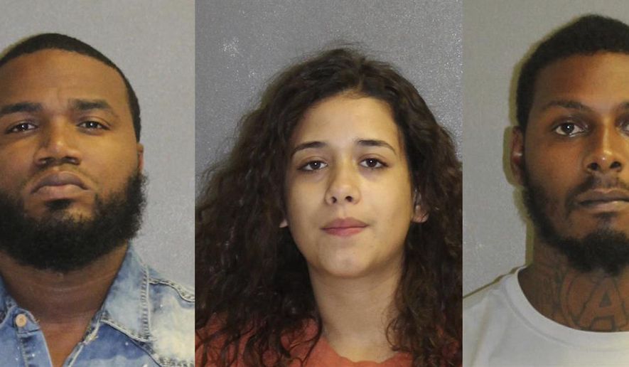 In these photos made available by the Volusia County Dept. of Corrections, Fla., shows Kelsey McFoley, left, Melissa Rios Roque and Benjamin Bascom under arrest, Thursday, Sept. 6, 2018. The three are charged in the death of Carlos Cruz-Echevarria. Echevarria was to give a deposition in a road rage case against McFoley. Bascom is accused as the shooter, Rios Roque assisted in planning the shooting and helped Bascom get away while McFoley hired to killed Eecevarria. (Volusia County Dept. of Corrections via AP)
