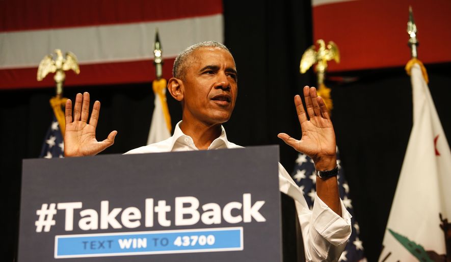 President Barack Obama speaks as he campaigns in support of California congressional candidates, Saturday, Sept. 8, 2018, in Anaheim, Calif. (AP Photo/Ringo H.W. Chiu)