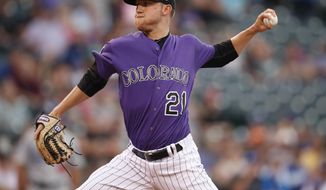 Colorado Rockies starting pitcher Kyle Freeland works against the Los Angeles Dodgers in the first inning of a baseball game Saturday, Sept. 8, 2018, in Denver. (AP Photo/David Zalubowski)