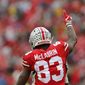 Ohio State receiver Terry McLaurin celebrates his touchdown against Rutgers during the first half of an NCAA college football game Saturday, Sept. 8, 2018, in Columbus, Ohio. (AP Photo/Jay LaPrete) ** FILE **