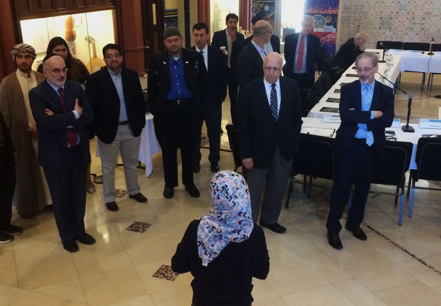 Members of the Muslim Jewish Advisory Council are welcomed to the Arab American National Museum in Dearborn, Mich., Tuesday, Oct. 3, 2017. The national Muslim-Jewish alliance formed to fight hate crimes and forge better ties between them is branching out to build on its mission. (AP Photo/Jeff Karoub)