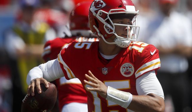Kansas City Chiefs quarterback Patrick Mahomes passes against the Los Angeles Chargers during the first half of an NFL football game Sunday, Sept. 9, 2018, in Carson, Calif. (AP Photo/Jae C. Hong)