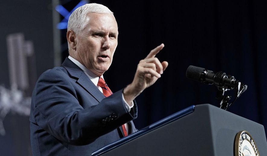 In this Aug. 23, 2018, file photo, Vice President Mike Pence speaks during a visit to NASA's Johnson Space Center in Houston. Pence says he's "100 percent confident" that no one on his staff was involved with the anonymous New York Times column criticizing President Donald Trump's leadership. (AP Photo/David J. Phillip, File)
