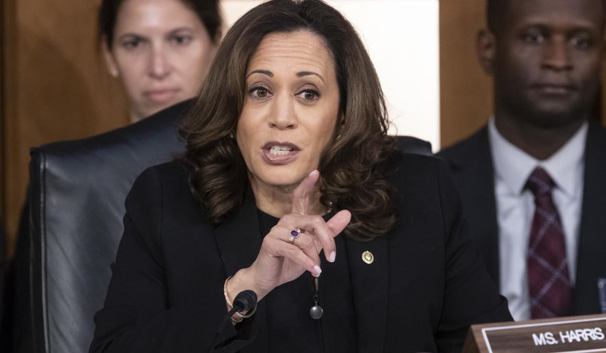 Sen. Kamala Harris, D-Calif., questions Supreme Court nominee Brett Kavanaugh as he testifies before the Senate Judiciary Committee on the third day of his confirmation hearing, on Capitol Hill in Washington, Thursday, Sept. 6, 2018. (AP Photo/J. Scott Applewhite) **FILE**