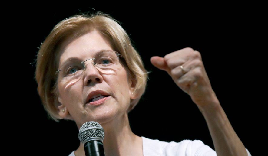 In this Wednesday, Aug. 8, 2018, file photo, U.S. Sen. Elizabeth Warren, D-Mass., speaks during a town hall style gathering in Woburn, Mass. (AP Photo/Charles Krupa, File)
