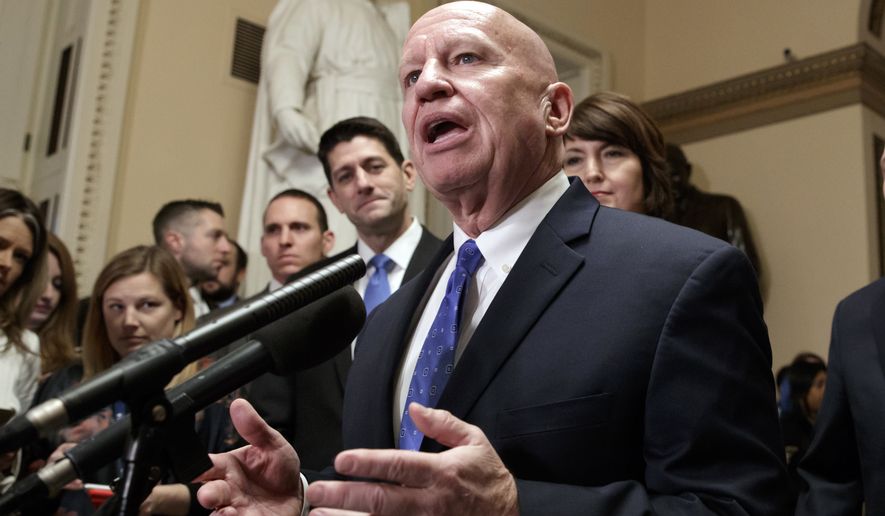 House Ways and Means Committee Chairman Kevin Brady, R-Texas, steward of the GOP tax bill, flanked by Speaker of the House Paul Ryan, R-Wis., left, and Rep. Cathy McMorris Rodgers, R-Wash., right, speaks after passing the Republican tax reform bill in the House of Representatives, on Capitol Hill, in Washington, Tuesday, Dec. 19, 2017. (AP Photo/J. Scott Applewhite)
