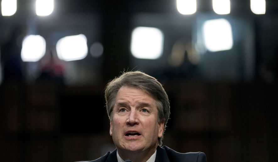 President Donald Trump&#39;s Supreme Court nominee, Brett Kavanaugh, a federal appeals court judge, speaks before the Senate Judiciary Committee on Capitol Hill in Washington, Tuesday, Sept. 4, 2018, to begin his confirmation to replace retired Justice Anthony Kennedy. (AP Photo/Andrew Harnik)