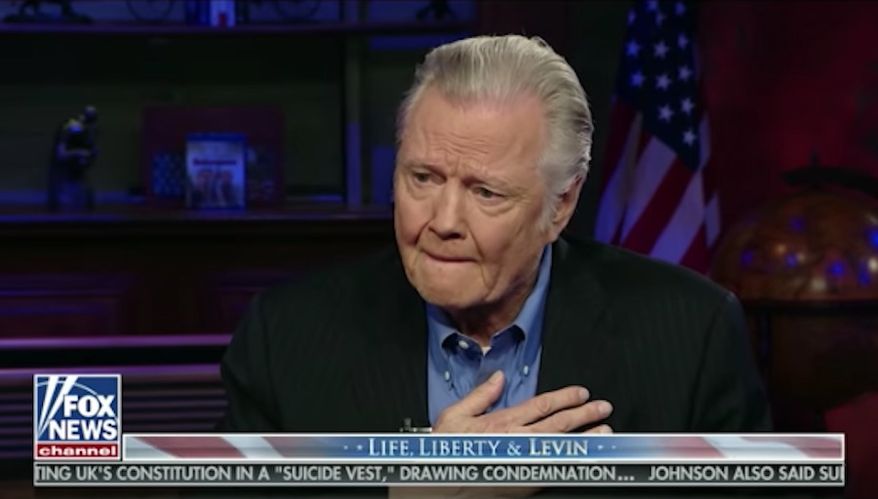 Jon Voight choked back tears talking about his appreciation for President Trump during a 2018 interview with Fox News host Mark Levin. (Fox News) **FILE**