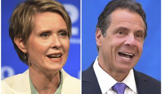 FILE - In this combination of file photos, New York gubernatorial candidate Cynthia Nixon, left, speaks during a Democratic primary debate in Hempstead, N.Y., on Aug. 29, 2018, and Gov. Andrew Cuomo speaks at a press conference in New York on July 18, 2018. Nixon&#39;s campaign is crying foul over a Democratic Party mailer supporting Cuomo that says Nixon &amp;quot;won&#39;t stand strong&amp;quot; for Jewish residents and has been silent on rising anti-Semitism. Two of Nixon&#39;s children are being raised in the Jewish faith. (J. Conrad Williams Jr./Newsday Pool, and Evan Agostini/Invision, File)