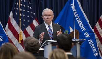 Attorney General Jeff Sessions outlines Trump administration policies as he speaks to new immigration judges, in Falls Church, Va., Monday, Sept. 10, 2018. Immigration judges work for the Justice Department and are not part of the Judicial branch of government. (AP Photo/J. Scott Applewhite)