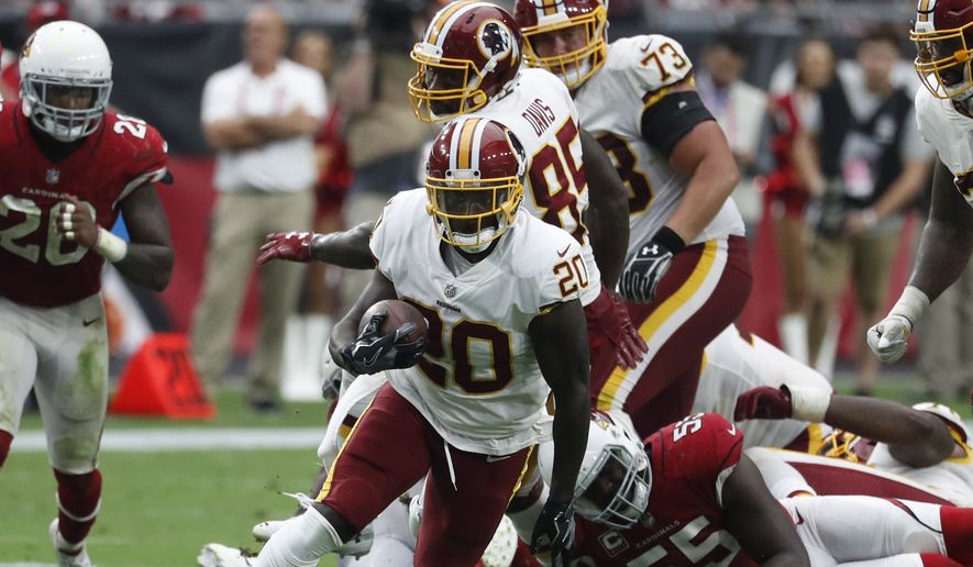 Washington Redskins running back Rob Kelley (20) during an NFL football game against the Arizona Cardinals, Sunday, Sept. 9, 2018, in Glendale, Ariz. (AP Photo/Rick Scuteri) **FILE**