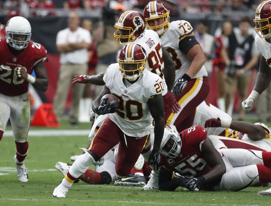 Washington Redskins running back Rob Kelley (20) during an NFL football game against the Arizona Cardinals, Sunday, Sept. 9, 2018, in Glendale, Ariz. (AP Photo/Rick Scuteri) **FILE**
