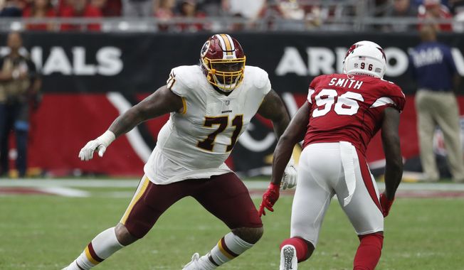Washington Redskins offensive tackle Trent Williams (71) during an NFL football game against the Arizona Cardinals, Sunday, Sept. 9, 2018, in Glendale, Ariz. (AP Photo/Rick Scuteri) **FILE**