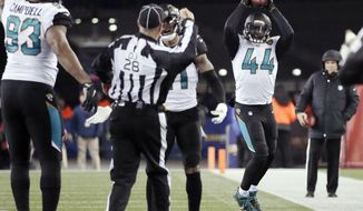 FILE - In this Jan. 21, 2018, file photo, Jacksonville Jaguars linebacker Myles Jack (44) reacts after recovering a fumble during the second half of the AFC championship NFL football game against the New England Patriots, in Foxborough, Mass. Just eight months ago, the Jaguars played in their team&#39;s final game of the 2017 season, the closest the small-market franchise has ever been to the Super Bowl. (AP Photo/David J. Phillip, File)