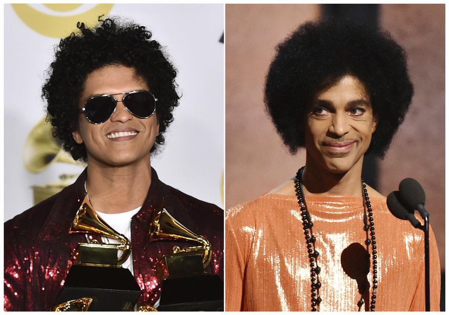 This combination photo shows Bruno Mars in the press room with his awards at the 60th annual Grammy Awards in New York on Jan. 28, 2018, left, and Prince presenting the award for album of the year at the 57th annual Grammy Awards in Los Angeles on Feb. 8, 2015. A representative for Mars says a report claiming he will portray Prince in a new movie is false. British tabloid Daily Mirror published a story Saturday, Sept. 8, that said Mars was “being lined up to play Prince” in a biopic to air on Netflix. (AP Photo)