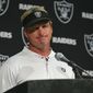 Oakland Raiders head coach Jon Gruden answers questions during a news conference after an NFL football game against the Los Angeles Rams in Oakland, Calif., Monday, Sept. 10, 2018. Los Angeles won the game 33-13. (AP Photo/Ben Margot) ** FILE **