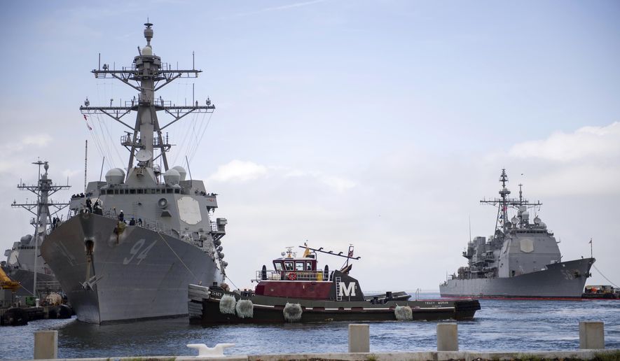 In this Monday, Sept. 10, 2018, photo released by the U.S. Navy, the guided-missile destroyer USS Nitze departs Naval Station Norfolk after the announcement of Hurricane Florence, in Norfolk, Va. (U.S. Navy photo by Mass Communication Specialist 2nd Class Justin Wolpert/U.S. Navy via AP) **FILE**