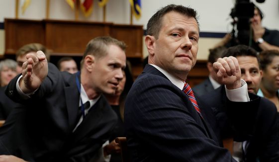 A text message exchange between then-FBI Deputy Assistant Director Peter Strzok and FBI attorney Lisa Page showed a deliberate strategy in 2017 to leak anti-Trump stories. (Associated Press) **FILE**