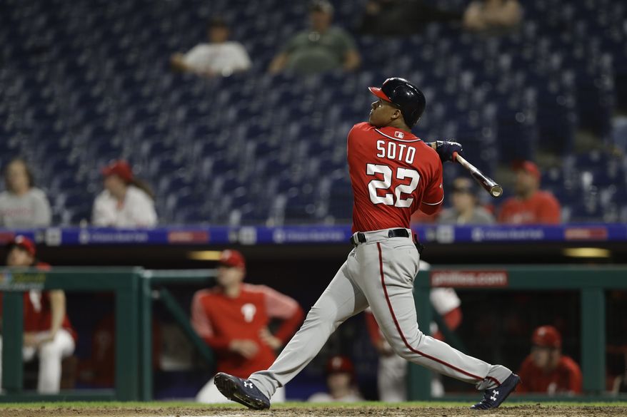 Washington Nationals' Juan Soto in action during the second game of a baseball doubleheader against the Philadelphia Phillies, Tuesday, Sept. 11, 2018, in Philadelphia. (AP Photo/Matt Slocum)