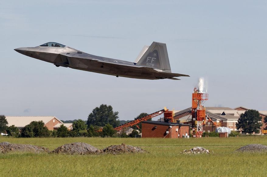 An F-22 departs Langley Air Force Base, Va., Tuesday morning, Sept. 11, 2018, as Hurricane Florence approaches the Eastern Seaboard. Officials from Joint Base Langley-Eustis in Hampton said the base&#39;s F-22 Raptors and T-38 Talon training jets, as a precaution, were headed for Rickenbacker Air National Guard Base in central Ohio. (Jonathon Gruenke/The Daily Press via AP)