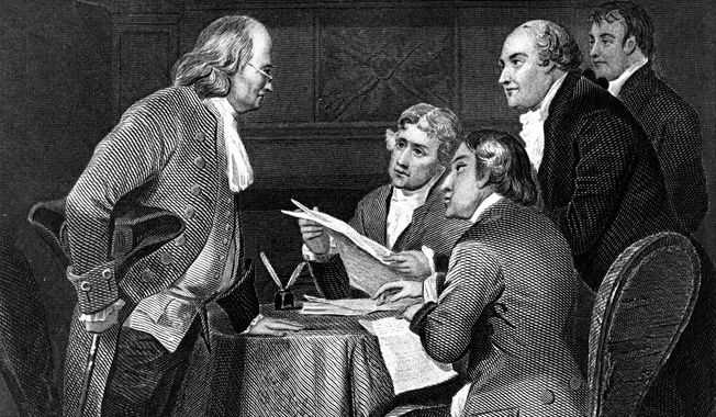 This image provided by the National Archives shows the 19th century engraving &amp;quot;Drafting the Declaration of Independence in 1776, 1859&amp;quot; by Alonzo Chappel which depicts of the the committee chosen to draft a declaration of independence. The five members are, from left, Benjamin Franklin, Thomas Jefferson, John Adams, Philip Livingston and Roger Sherman. One of the nation’s founding fathers -- but never president -- Franklin was born to a soapmaker and earned his wealth as printer, publisher and inventor. (Alonzo Chappel/National Archives via AP)