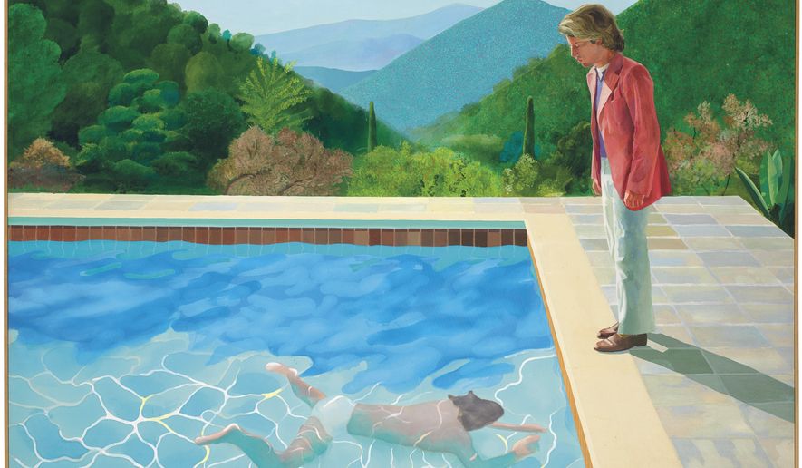 This undated photo provided by Christie&#39;s Images Ltd. 2018, shows a painting by David Hockney entitled &amp;quot;Portrait of an Artist (Pool with Two Figures).&amp;quot; Christie&#39;s expects the painting to set a new record for a work by a living artist sold at auction, in their November 2018 sale. The previous record was held by Jeff Koons&#39; &amp;quot;Balloon Dog,&amp;quot; which sold for $58.4 million in 2013. (Christie&#39;s Images Ltd. 2018 via AP)