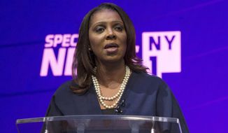 FILE - In this Aug. 28, 2018, file photo, candidate Letitia James stands at the podium during a debate by the Democratic candidates for New York State Attorney General at John Jay College of Criminal Justice in New York. The four candidates in the tightly contested primary, Zephyr Teachout, James, U.S. Rep. Sean Patrick Maloney and Leecia Eve have all vowed to be a legal thorn in Republican President Donald Trump&#39;s side, opposing his policies on immigration and the environment. And the winner will inherit several pending lawsuits filed by the state that challenge Trump&#39;s policies and accuse his charitable foundation of breaking the law. (Holly Pickett/The New York Times via AP, Pool, File)