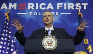 FILE - In this July 25, 2018, file photo, Republican U.S. Senate candidate Matt Rosendale speaks during the America First Policies event at MetraPark&#39;s Montana Pavilion in Billings, Mont. Democrats are questioning whether Rosendale illegally coordinated with the National Rifle Association after an audio recording surfaced of the Montana Republican saying the NRA planned to support his campaign. (Bethany Baker/The Billings Gazette via AP, file)
