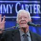 Former President Jimmy Carter, 93, answers questions from students during his annual town hall with Emory University freshmen in the campus gym on Wednesday, Sept 12, 2018, in Atlanta. Speaking at his presidential center in Atlanta on Tuesday, Carter said U.S. policies on immigration, the environment and human rights will not improve while Trump is in office. (Curtis Compton/Atlanta Journal-Constitution via AP)