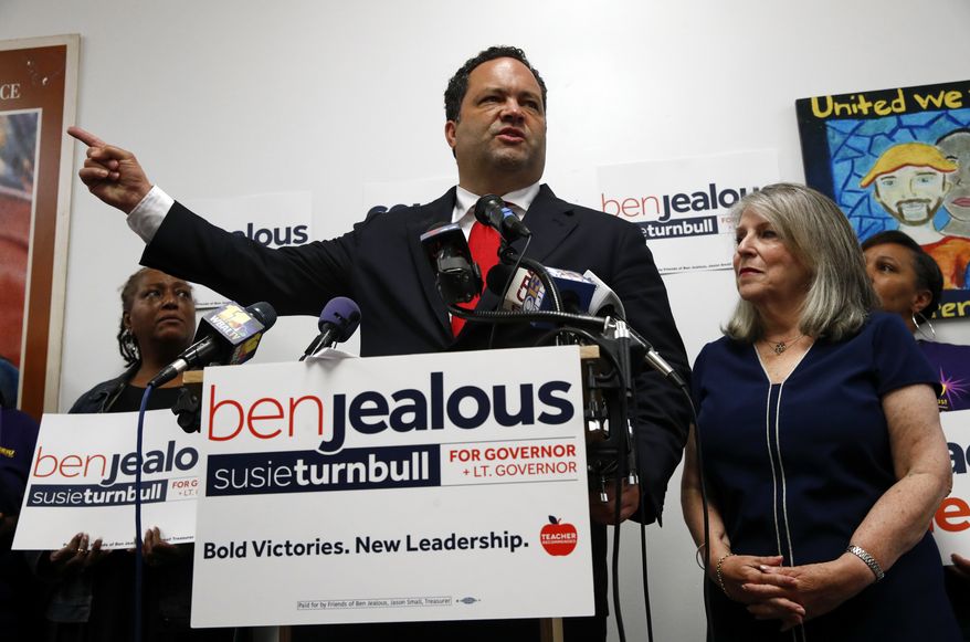 FILE - In this June 27, 2018 file photo, Maryland Democratic gubernatorial candidate Ben Jealous speaks at a news conference alongside his running mate Susie Turnbull, right, in Baltimore. The history-making gubernatorial runs by Stacey Abrams of Georgia, Andrew Gillum of Florida and Jealous of Maryland are turning them into stars nationwide and at the Congressional Black Caucus annual legislative conference. If elected, Abrams, Jealous and Gillum, would give America its largest number of black governors ever. (AP Photo/Patrick Semansky, File)