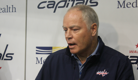 Washington Capitals general manager Brian MacLellan talks to reporters at the team&#39;s media day before the 2018-19 NHL season at MedStar Capitals Iceplex in Arlington, Virginia, on Friday, Sept. 14. (Photo by Adam Zielonka / The Washington Times)