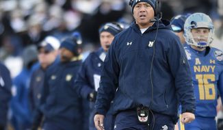 FILE - In this Dec. 28, 2017, file photo, Navy head coach Ken Niumatalolo watches from the sideline in the first half of the Military Bowl NCAA college football game in Annapolis, Md. Coming off a comeback win over Memphis, Navy faces Lehigh on Saturday, Sept. 15, 2018. (AP Photo/Gail Burton, File)