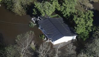 FILE-In this Monday, Oct. 10, 2016 file photo, a home sits in flood waters in Nichols, S.C. The residents of a tiny town in South Carolina who rebuilt after an inland flood from a hurricane destroyed 90 percent of the homes two years ago are uneasy as forecasters warn inland flooding from Hurricane Florence&#39;s rain could be one of the most dangerous and devastating parts of the storm. (AP Photo/Rainier Ehrhardt, File)