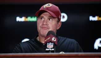 Washington Redskins head coach Jay Gruden speaks at a news conference after an NFL football game against the Indianapolis Colts, Sunday, Sept. 16, 2018, in Landover, Md. (AP Photo/Alex Brandon) ** FILE **