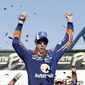 Brad Keselowski celebrates after winning a NASCAR Cup Series auto race Sunday, Sept. 16, 2018, in Las Vegas. (AP Photo/Isaac Brekken)