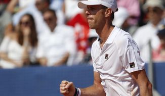 Sam Querrey of the United States reacts after winning a point against Marin Cilic of Croatia during their Davis Cup semifinal singles match in Zadar, Croatia, Sunday, Sept. 16, 2018. (AP Photo/Darko Bandic)