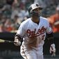 Baltimore Orioles&#39; Jonathan Villar watches his solo home run against the Chicago White Sox in the fourth inning of a baseball game, Sunday, Sept. 16, 2018, in Baltimore. (AP Photo/Gail Burton)