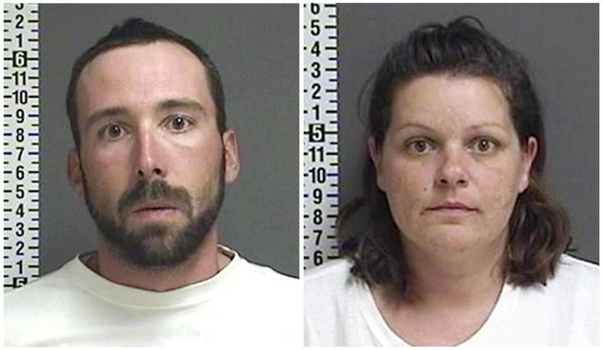 FILE - This combination of file photos provided by the Cass County Sheriff's Office in Fargo, N.D., shows William Hoehn, and his girlfriend Brooke Crews, the two people charged in connection with the murder of Savanna Greywind in North Dakota in August 2017. Greywind was eight months pregnant. Crews, ultimately admitted killing Greywind and cutting her baby from her womb. Hoehn, goes on trial Tuesday, Sept. 18, 2018, for conspiracy to commit murder. He has admitted helping cover up Greywind's murder. (Cass County Sheriff's Office via AP, File)