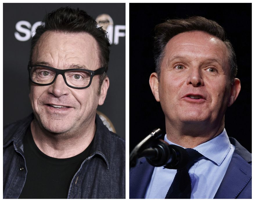 In this combination of photos, Tom Arnold, left, attends a premiere on Oct. 10, 2017, in Los Angeles and Mark Burnett speaks during the National Prayer Breakfast on Feb. 2, 2017, in Washington. A scuffle between Arnold and Burnett a producer of "The Apprentice" has led to an exchange on social media. (AP Photos)