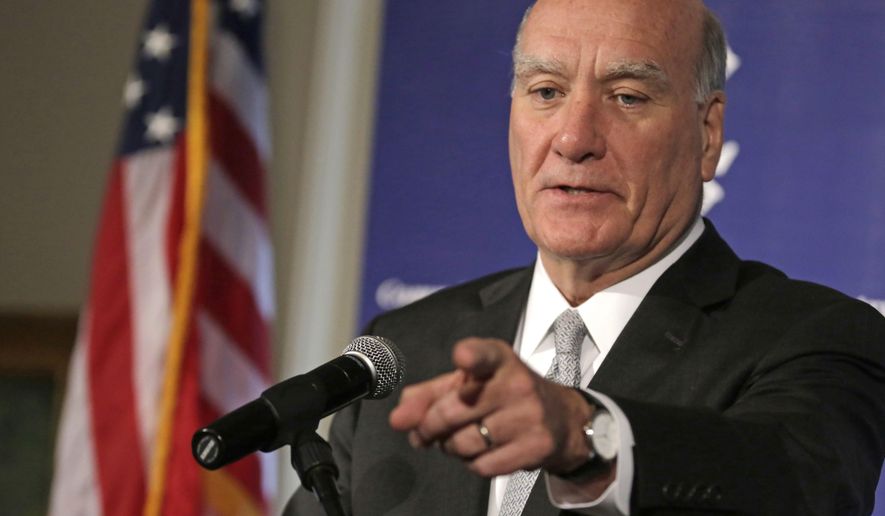 FILE - In this Sept. 17, 2013 file photo, former White House chief of staff Bill Daley meets with media after making the decision to drop out of Illinois' 2014 gubernatorial race, in Chicago. Daley has decided he wants to be mayor of Chicago. William "Bill" Daley said Monday, Sept. 17, 2018 he's running for the seat previously held by his brother, Richard M. Daley, and his father Richard J. Daley. The announcement follows Mayor Rahm Emanuel's surprise decision not to seek a third term in 2019. (AP Photo/M. Spencer Green, File)
