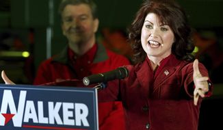 FILE - In this Nov. 6, 2017, file photo, Wisconsin Republican Lt. Gov. Rebecca Kleefisch speaks during a campaign stop in Eau Claire, Wis., as part of Gov. Scott Walker&#x27;s statewide re-election tour. Democratic candidate for lieutenant governor Mandela Barnes says claims by Kleefisch that he knelt during the national anthem at the opening of the Wisconsin State Fair are &amp;quot;crazy.&amp;quot; Barnes denies it and says he always stands for the national anthem. (Marisa Wojcik /The Eau Claire Leader-Telegram via AP, File)